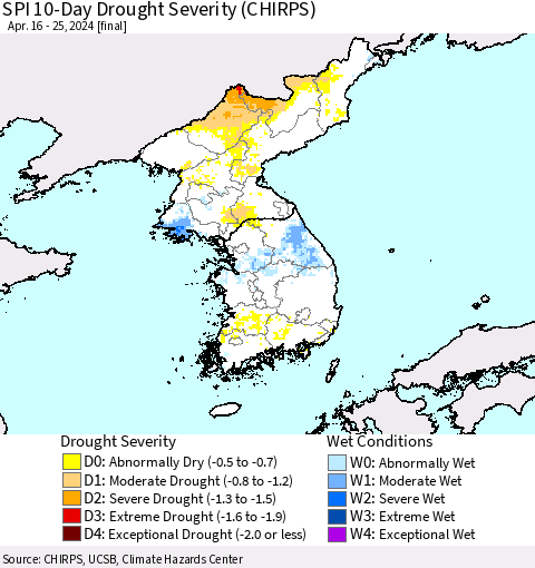 Korea SPI 10-Day Drought Severity (CHIRPS) Thematic Map For 4/16/2024 - 4/25/2024