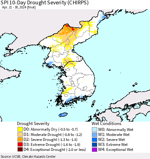 Korea SPI 10-Day Drought Severity (CHIRPS) Thematic Map For 4/21/2024 - 4/30/2024