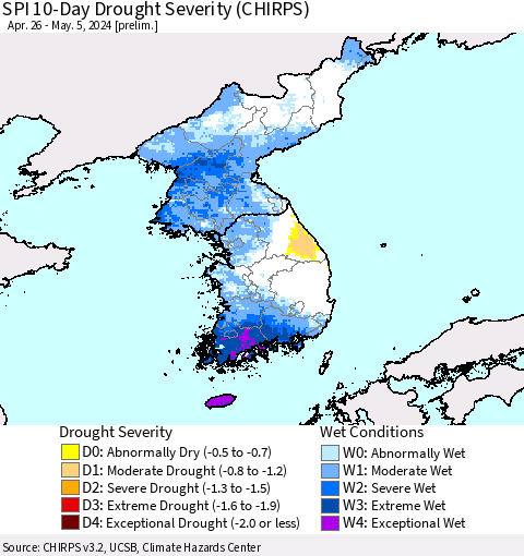 Korea SPI 10-Day Drought Severity (CHIRPS) Thematic Map For 4/26/2024 - 5/5/2024