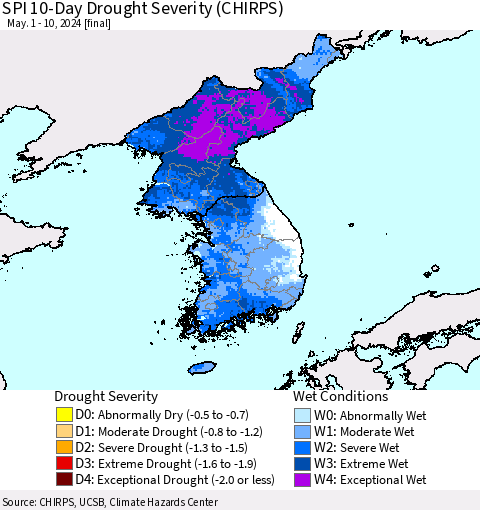 Korea SPI 10-Day Drought Severity (CHIRPS) Thematic Map For 5/1/2024 - 5/10/2024