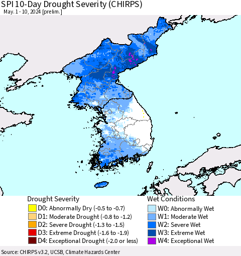 Korea SPI 10-Day Drought Severity (CHIRPS) Thematic Map For 5/1/2024 - 5/10/2024