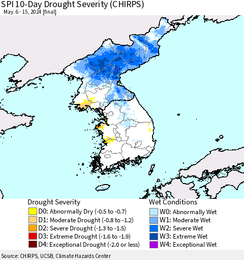 Korea SPI 10-Day Drought Severity (CHIRPS) Thematic Map For 5/6/2024 - 5/15/2024