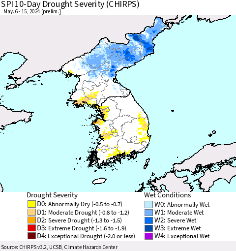 Korea SPI 10-Day Drought Severity (CHIRPS) Thematic Map For 5/6/2024 - 5/15/2024