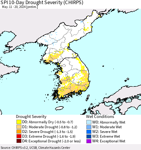 Korea SPI 10-Day Drought Severity (CHIRPS) Thematic Map For 5/11/2024 - 5/20/2024