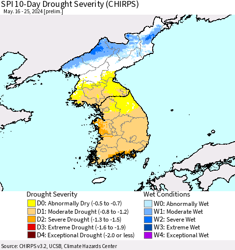 Korea SPI 10-Day Drought Severity (CHIRPS) Thematic Map For 5/16/2024 - 5/25/2024