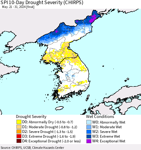 Korea SPI 10-Day Drought Severity (CHIRPS) Thematic Map For 5/21/2024 - 5/31/2024