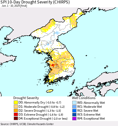 Korea SPI 10-Day Drought Severity (CHIRPS) Thematic Map For 6/1/2024 - 6/10/2024