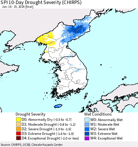 Korea SPI 10-Day Drought Severity (CHIRPS) Thematic Map For 6/16/2024 - 6/25/2024