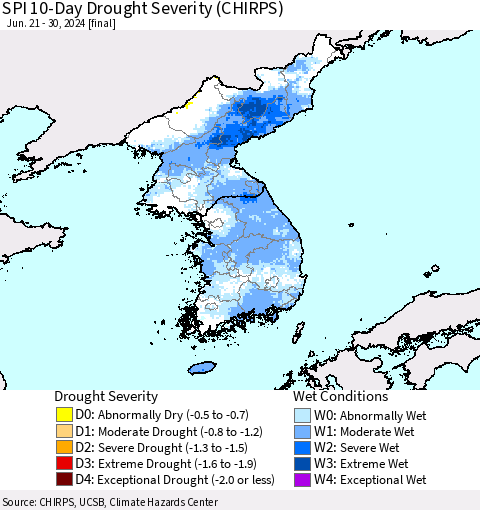 Korea SPI 10-Day Drought Severity (CHIRPS) Thematic Map For 6/21/2024 - 6/30/2024
