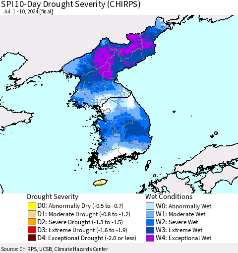 Korea SPI 10-Day Drought Severity (CHIRPS) Thematic Map For 7/1/2024 - 7/10/2024
