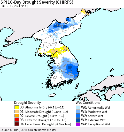 Korea SPI 10-Day Drought Severity (CHIRPS) Thematic Map For 7/6/2024 - 7/15/2024