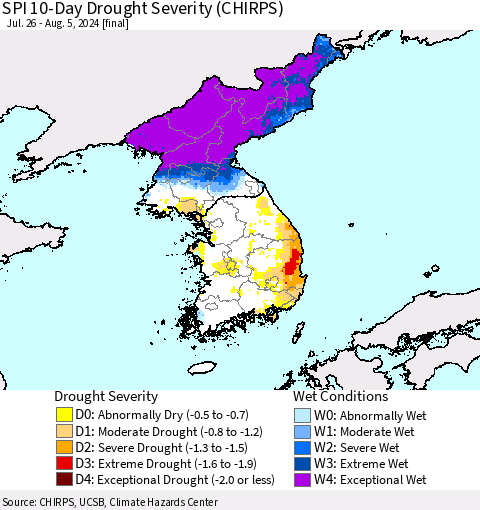 Korea SPI 10-Day Drought Severity (CHIRPS) Thematic Map For 7/26/2024 - 8/5/2024