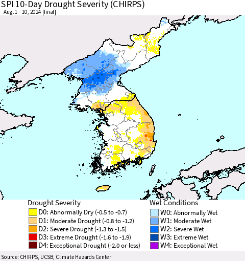 Korea SPI 10-Day Drought Severity (CHIRPS) Thematic Map For 8/1/2024 - 8/10/2024