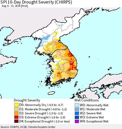 Korea SPI 10-Day Drought Severity (CHIRPS) Thematic Map For 8/6/2024 - 8/15/2024