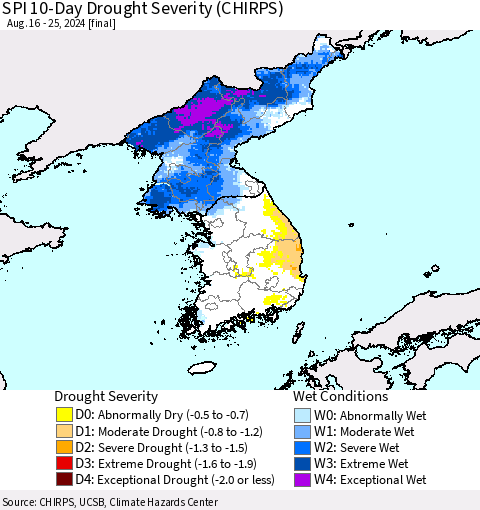 Korea SPI 10-Day Drought Severity (CHIRPS) Thematic Map For 8/16/2024 - 8/25/2024