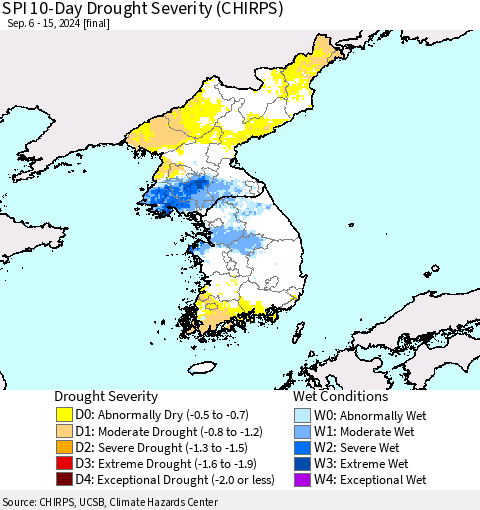 Korea SPI 10-Day Drought Severity (CHIRPS) Thematic Map For 9/6/2024 - 9/15/2024