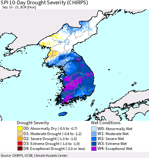 Korea SPI 10-Day Drought Severity (CHIRPS) Thematic Map For 9/16/2024 - 9/25/2024