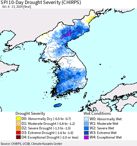 Korea SPI 10-Day Drought Severity (CHIRPS) Thematic Map For 10/6/2024 - 10/15/2024