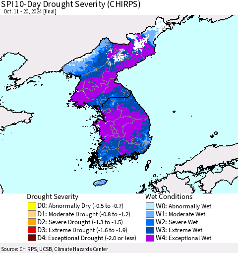 Korea SPI 10-Day Drought Severity (CHIRPS) Thematic Map For 10/11/2024 - 10/20/2024