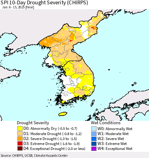 Korea SPI 10-Day Drought Severity (CHIRPS) Thematic Map For 1/6/2025 - 1/15/2025
