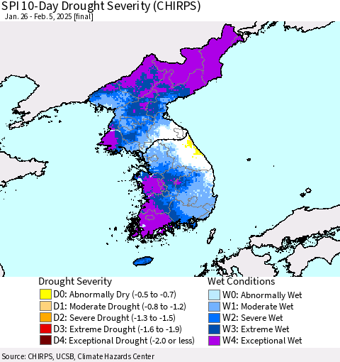 Korea SPI 10-Day Drought Severity (CHIRPS) Thematic Map For 1/26/2025 - 2/5/2025