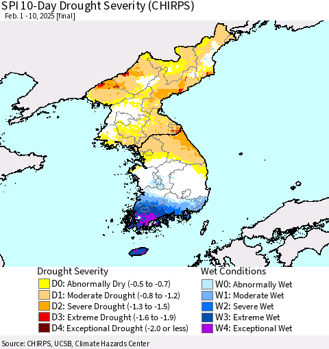Korea SPI 10-Day Drought Severity (CHIRPS) Thematic Map For 2/1/2025 - 2/10/2025