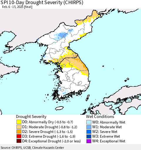 Korea SPI 10-Day Drought Severity (CHIRPS) Thematic Map For 2/6/2025 - 2/15/2025