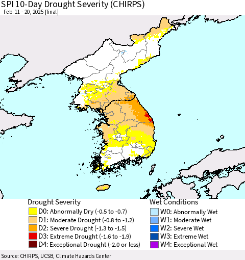 Korea SPI 10-Day Drought Severity (CHIRPS) Thematic Map For 2/11/2025 - 2/20/2025