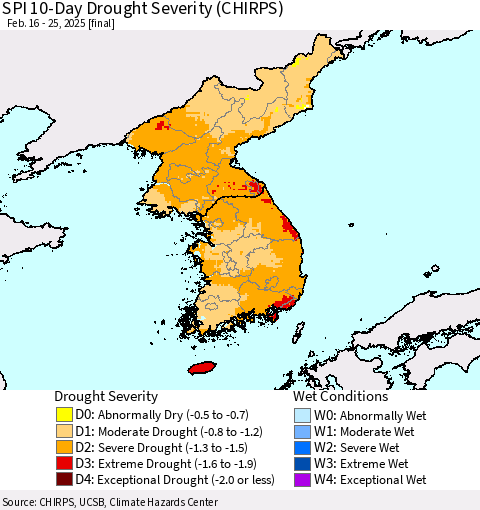 Korea SPI 10-Day Drought Severity (CHIRPS) Thematic Map For 2/16/2025 - 2/25/2025