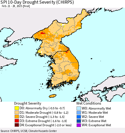 Korea SPI 10-Day Drought Severity (CHIRPS) Thematic Map For 2/21/2025 - 2/28/2025