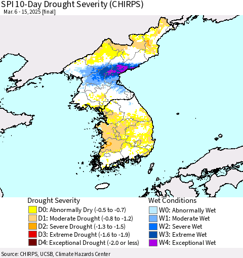 Korea SPI 10-Day Drought Severity (CHIRPS) Thematic Map For 3/6/2025 - 3/15/2025