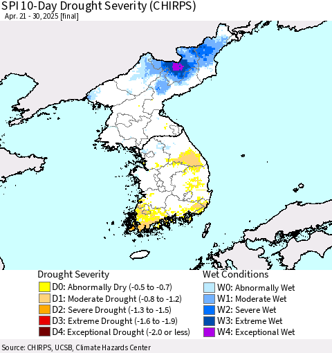 Korea SPI 10-Day Drought Severity (CHIRPS) Thematic Map For 4/21/2025 - 4/30/2025