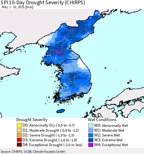 Korea SPI 10-Day Drought Severity (CHIRPS) Thematic Map For 5/1/2025 - 5/10/2025