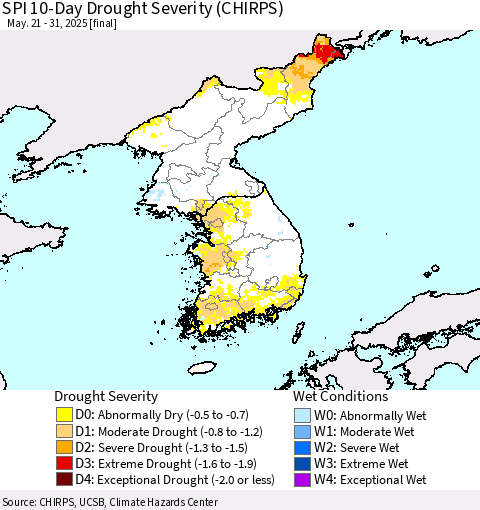 Korea SPI 10-Day Drought Severity (CHIRPS) Thematic Map For 5/21/2025 - 5/31/2025