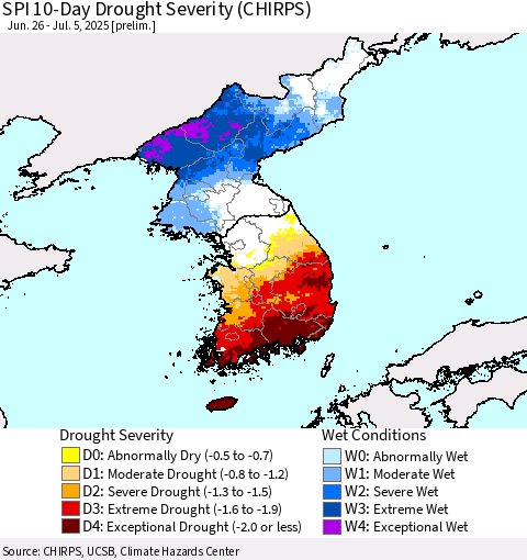 Korea SPI 10-Day Drought Severity (CHIRPS) Thematic Map For 6/26/2025 - 7/5/2025
