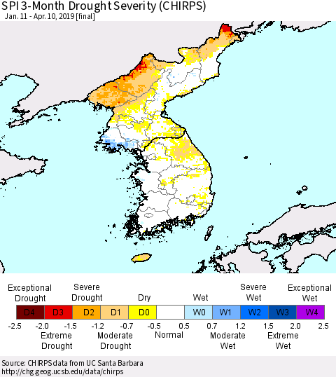 Korea SPI 3-Month Drought Severity (CHIRPS) Thematic Map For 1/11/2019 - 4/10/2019