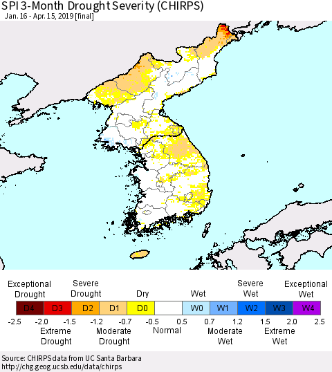 Korea SPI 3-Month Drought Severity (CHIRPS) Thematic Map For 1/16/2019 - 4/15/2019