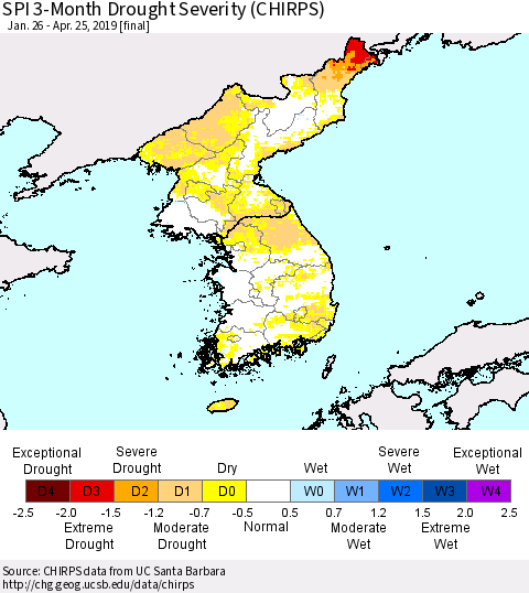 Korea SPI 3-Month Drought Severity (CHIRPS) Thematic Map For 1/26/2019 - 4/25/2019