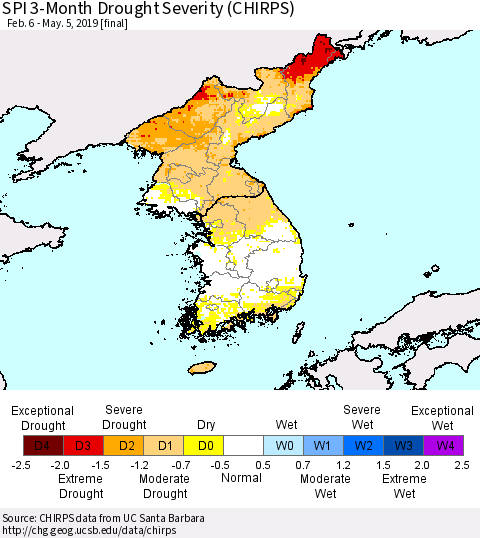 Korea SPI 3-Month Drought Severity (CHIRPS) Thematic Map For 2/6/2019 - 5/5/2019