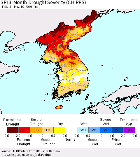 Korea SPI 3-Month Drought Severity (CHIRPS) Thematic Map For 2/11/2019 - 5/10/2019