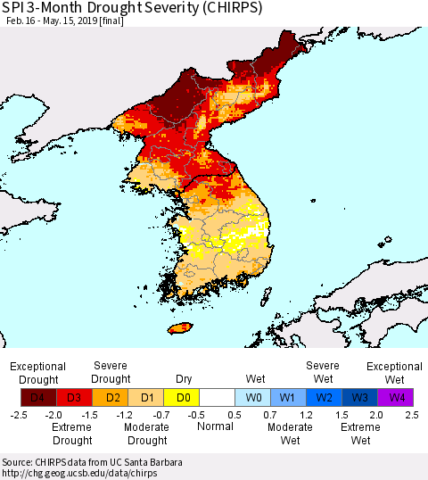 Korea SPI 3-Month Drought Severity (CHIRPS) Thematic Map For 2/16/2019 - 5/15/2019