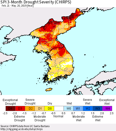 Korea SPI 3-Month Drought Severity (CHIRPS) Thematic Map For 2/21/2019 - 5/20/2019
