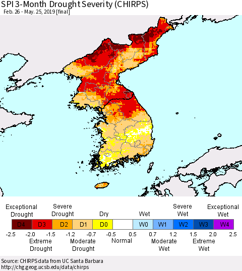 Korea SPI 3-Month Drought Severity (CHIRPS) Thematic Map For 2/26/2019 - 5/25/2019
