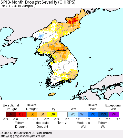 Korea SPI 3-Month Drought Severity (CHIRPS) Thematic Map For 3/11/2019 - 6/10/2019