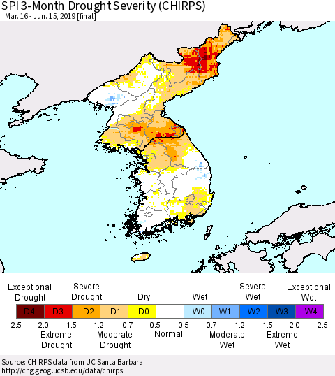 Korea SPI 3-Month Drought Severity (CHIRPS) Thematic Map For 3/16/2019 - 6/15/2019