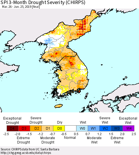 Korea SPI 3-Month Drought Severity (CHIRPS) Thematic Map For 3/26/2019 - 6/25/2019