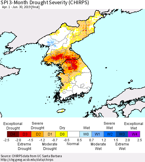 Korea SPI 3-Month Drought Severity (CHIRPS) Thematic Map For 4/1/2019 - 6/30/2019