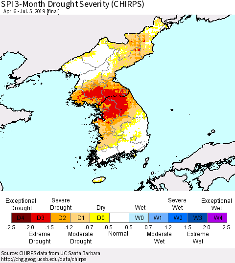 Korea SPI 3-Month Drought Severity (CHIRPS) Thematic Map For 4/6/2019 - 7/5/2019