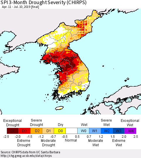 Korea SPI 3-Month Drought Severity (CHIRPS) Thematic Map For 4/11/2019 - 7/10/2019
