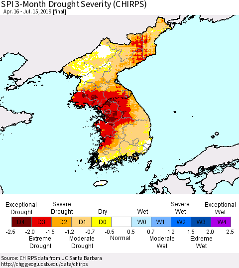 Korea SPI 3-Month Drought Severity (CHIRPS) Thematic Map For 4/16/2019 - 7/15/2019